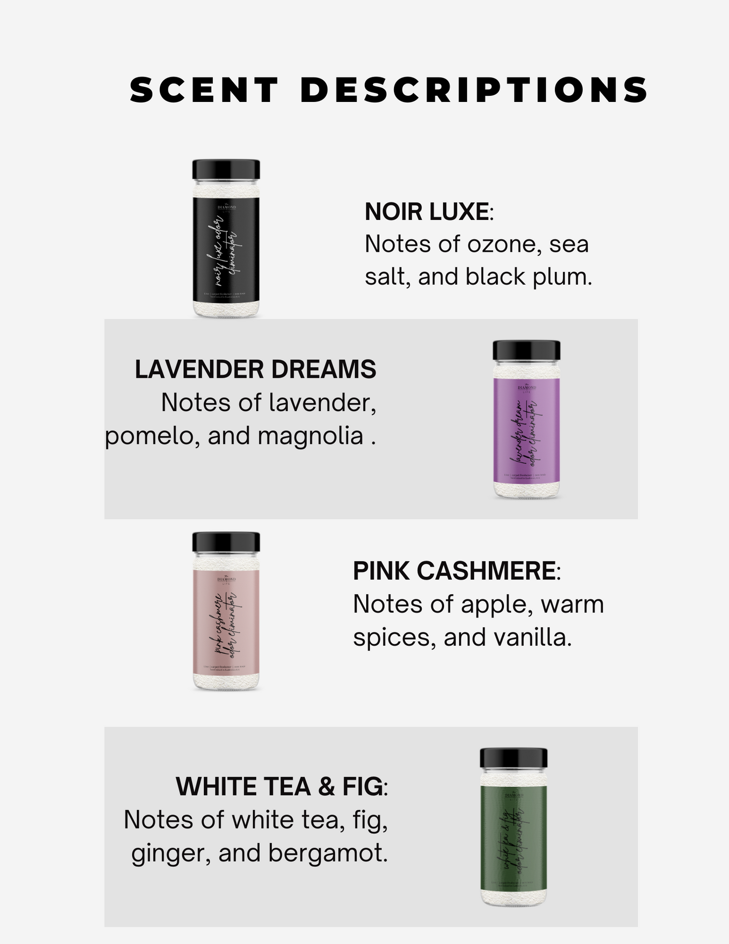 Diamond Life Home 'Hotel Collection' Carpet Powder 4 Pack Bundle – Noir Luxe, Lavender Dreams, Pink Cashmere, White Tea & Fig | Odor Eliminator for Home, Upholstery & Pet Areas