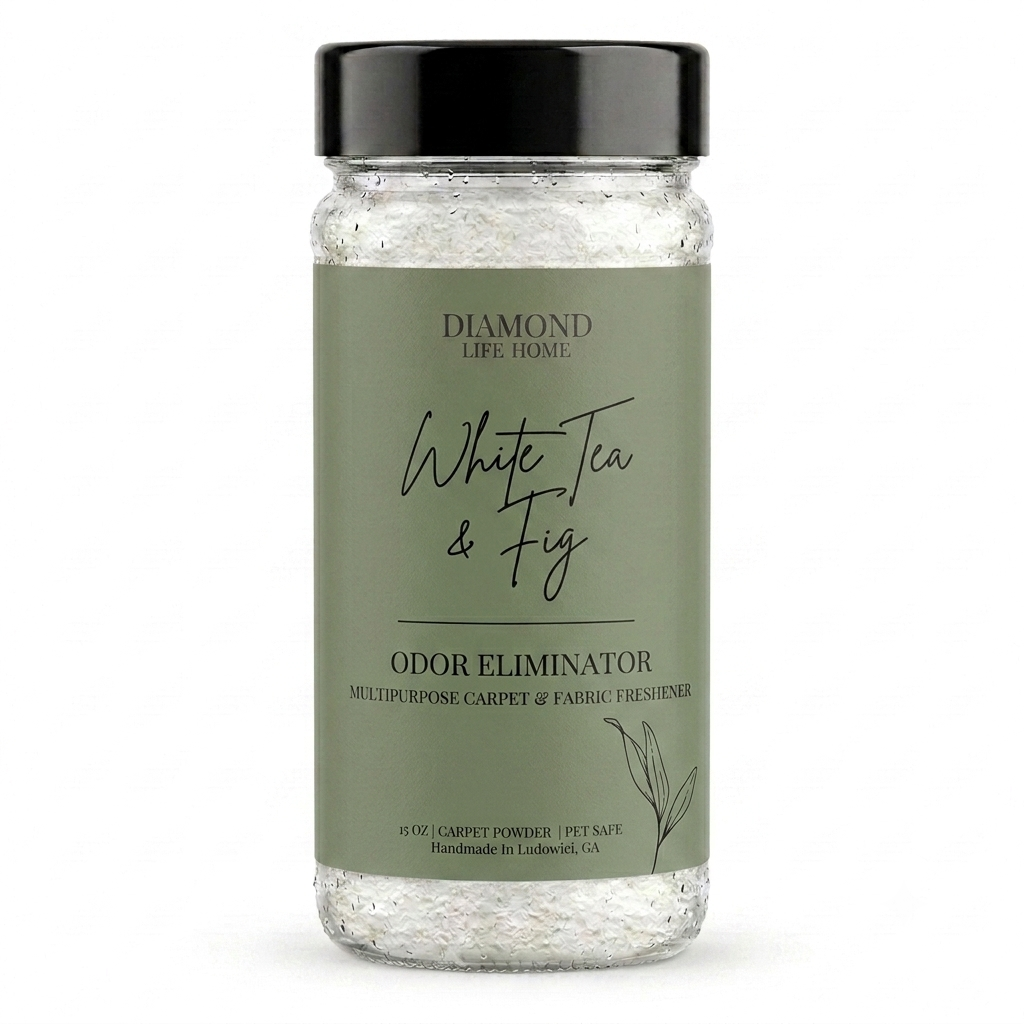 Diamond Life Home "White Tea & Fig" Carpet Deodorizer Powder Odor Eliminator, White Tea, Ginger & Fig Scent, 15 oz