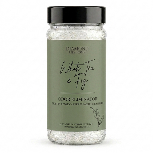 Diamond Life Home "White Tea & Fig" Carpet Deodorizer Powder Odor Eliminator, White Tea, Ginger & Fig Scent, 15 oz