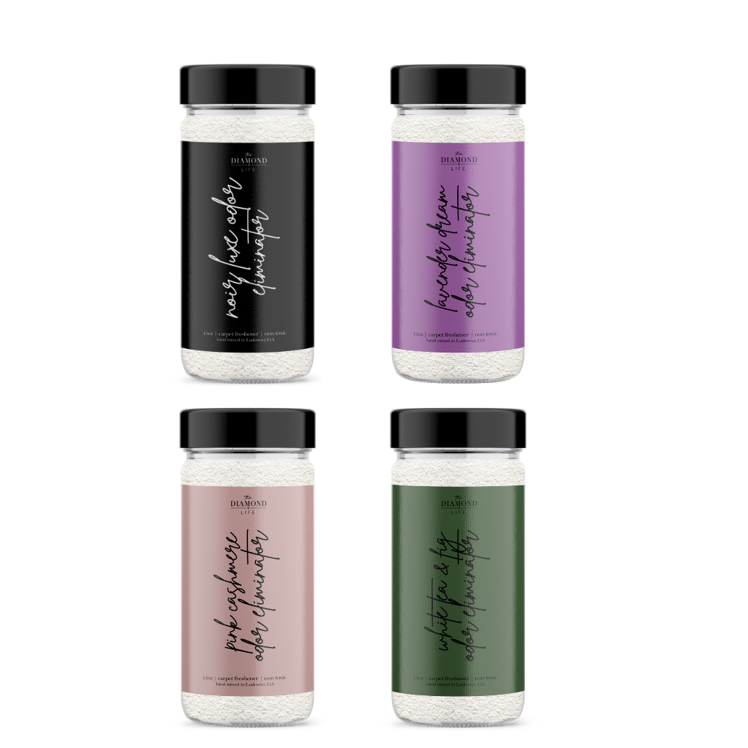 Diamond Life Home 'Hotel Collection' Carpet Powder 4 Pack Bundle – Noir Luxe, Lavender Dreams, Pink Cashmere, White Tea & Fig | Odor Eliminator for Home, Upholstery & Pet Areas