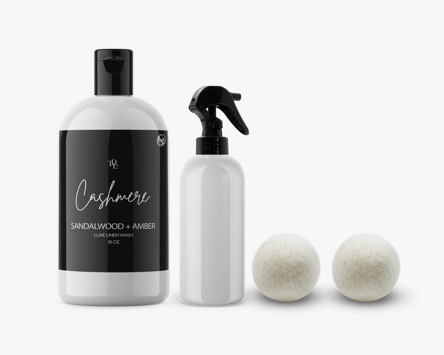 'CASHMERE' Luxe Laundry Set, Natural Laundry Detergent - Sandalwood & Chocolate Amber Linen Mist & Wool Balls